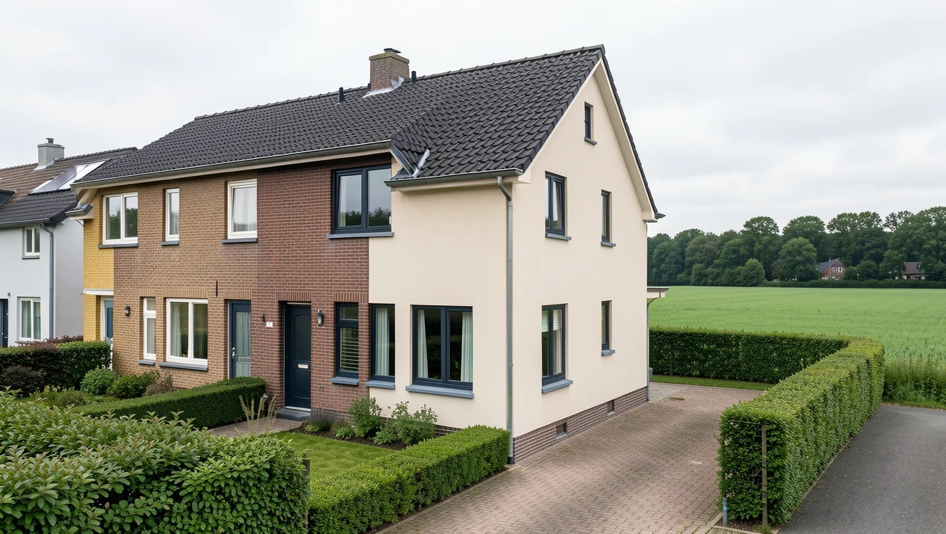 Halfopen woning met een voorgevel in steenstrips en zijgevels in lichte crepi