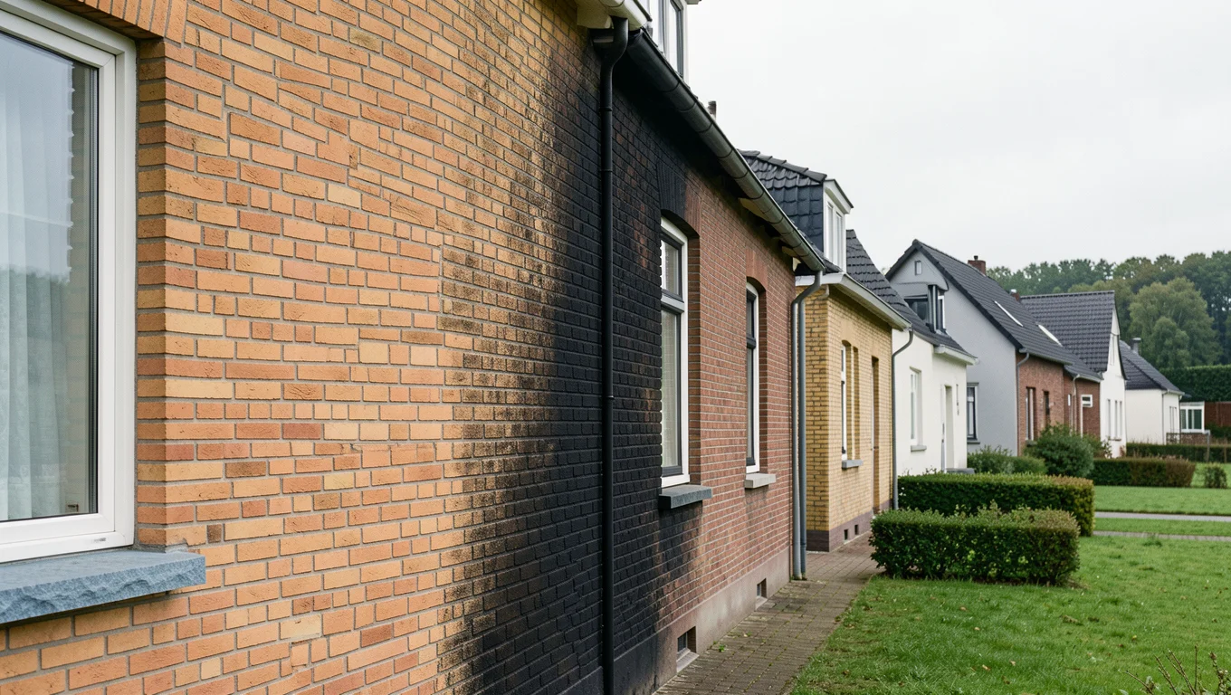 Baksteengevel van een rijwoning waarvan de helft gereinigd is en de andere helft nog zwart van het verkeersvuil