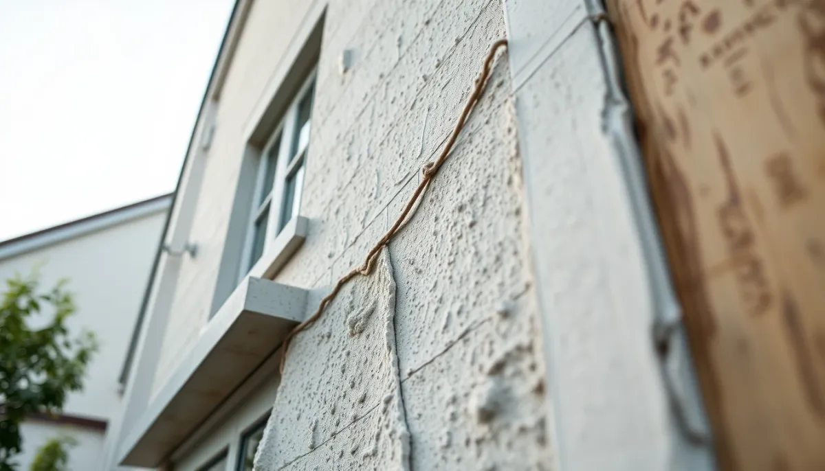 Gros plan sur la rénovation d'une façade avec isolation et crépi