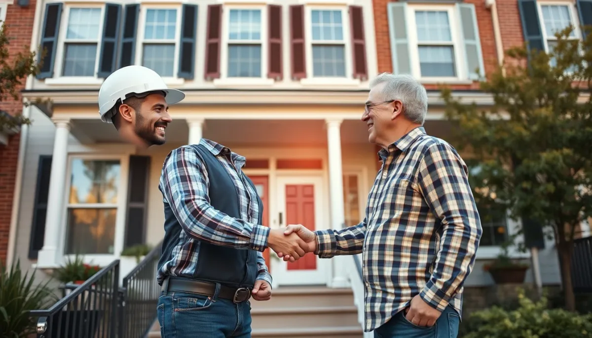 Poignée de main entre un entrepreneur et un propriétaire devant une façade rénovée