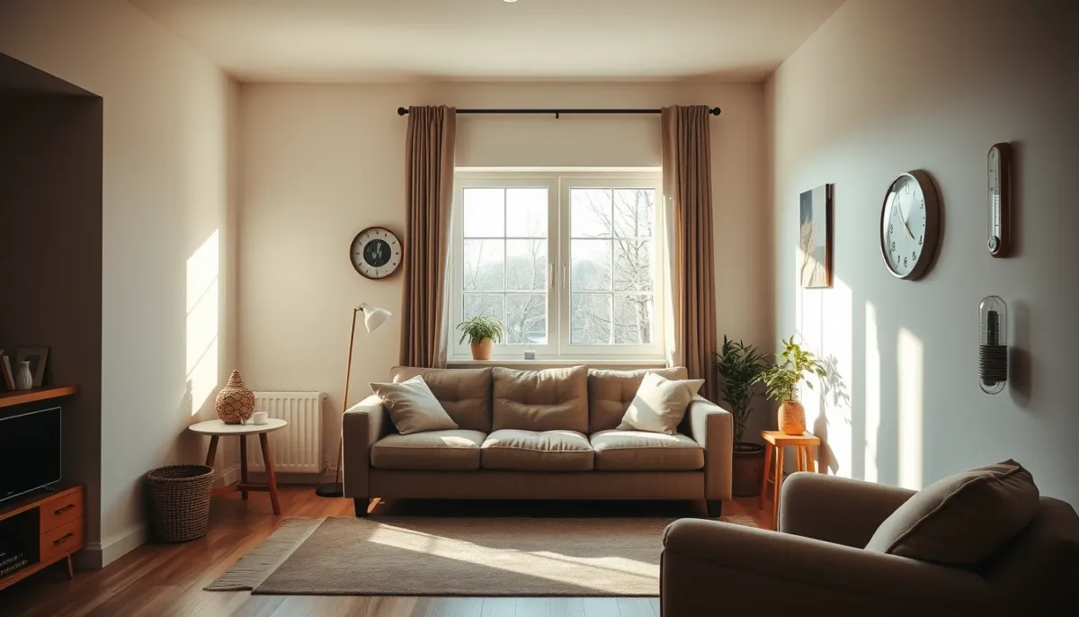 Intérieur confortable d'un salon après isolation, avec lumière naturelle et sensation de chaleur
