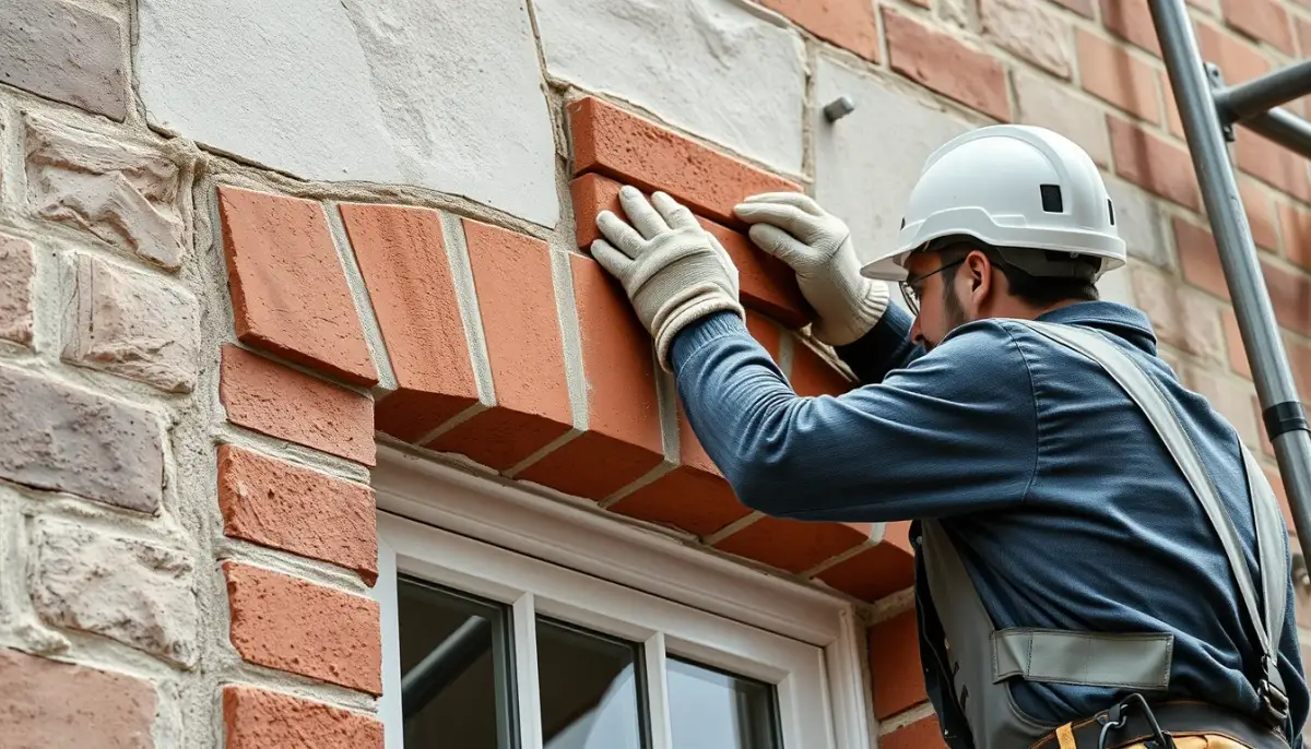 Maçon déposant délicatement les briques au-dessus d'un linteau de fenêtre