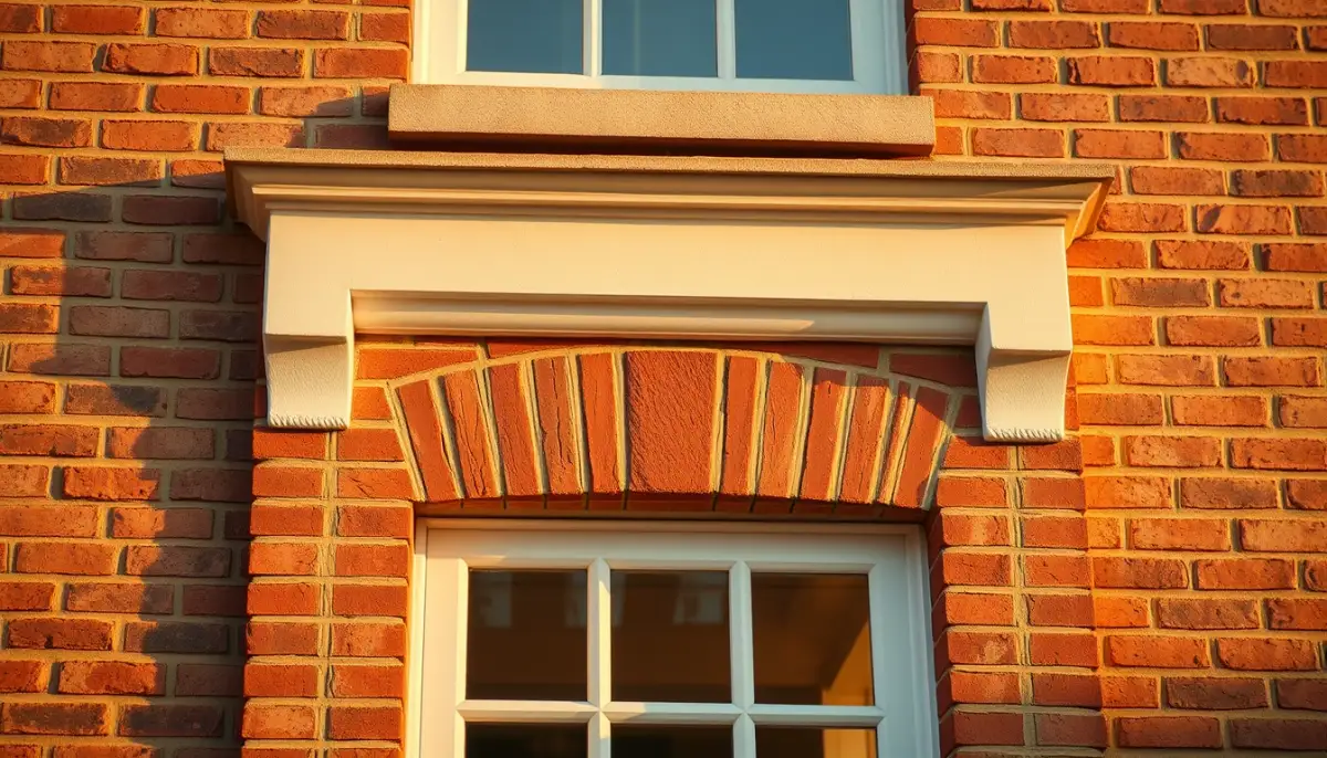 Façade en briques avec linteau droit et intact au-dessus d'une fenêtre
