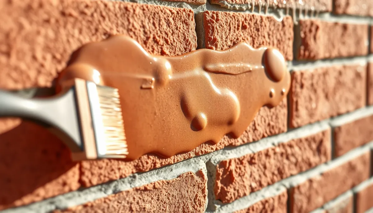 Gros plan sur l'application d'un produit hydrofuge sur une façade en brique, mettant en évidence la texture poreuse du matériau