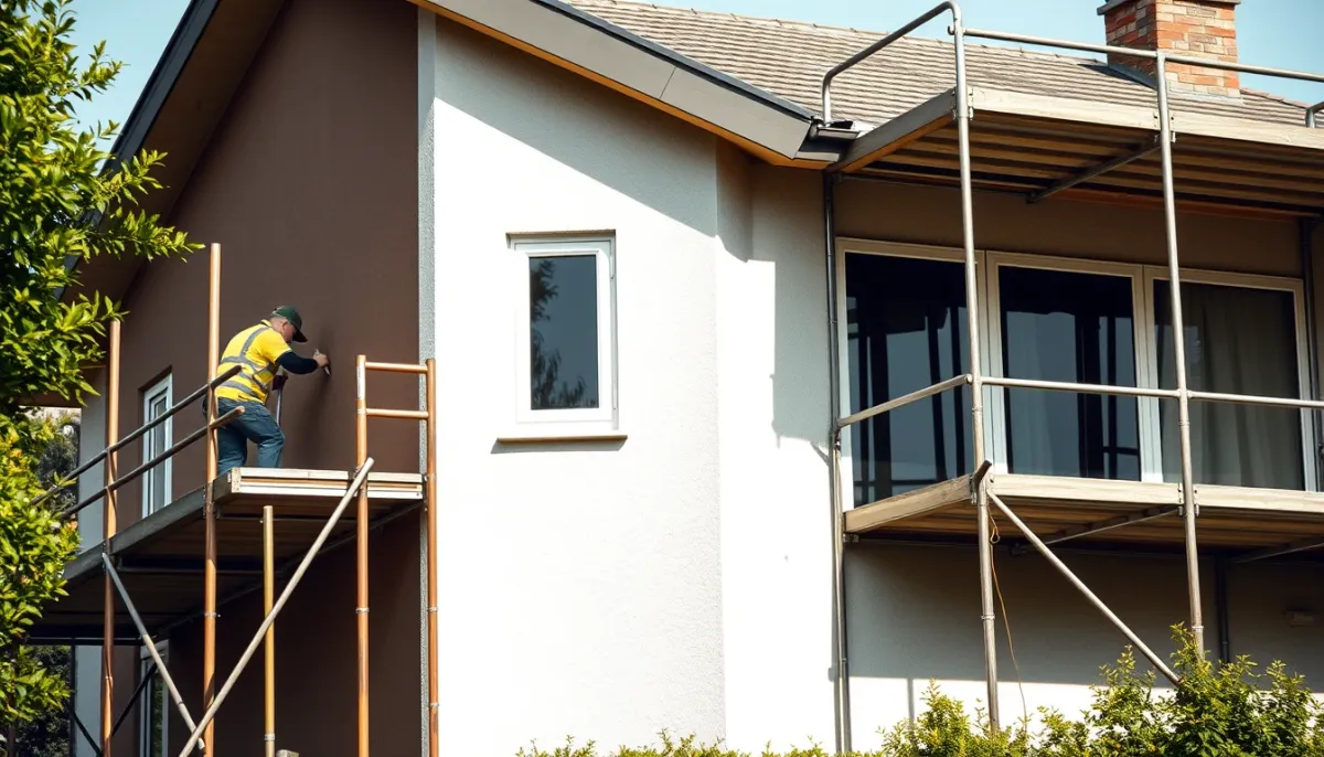 Échafaudage installé le long de la façade d'une maison pour des travaux d'imperméabilisation, illustrant l'impact de l'accessibilité sur le prix