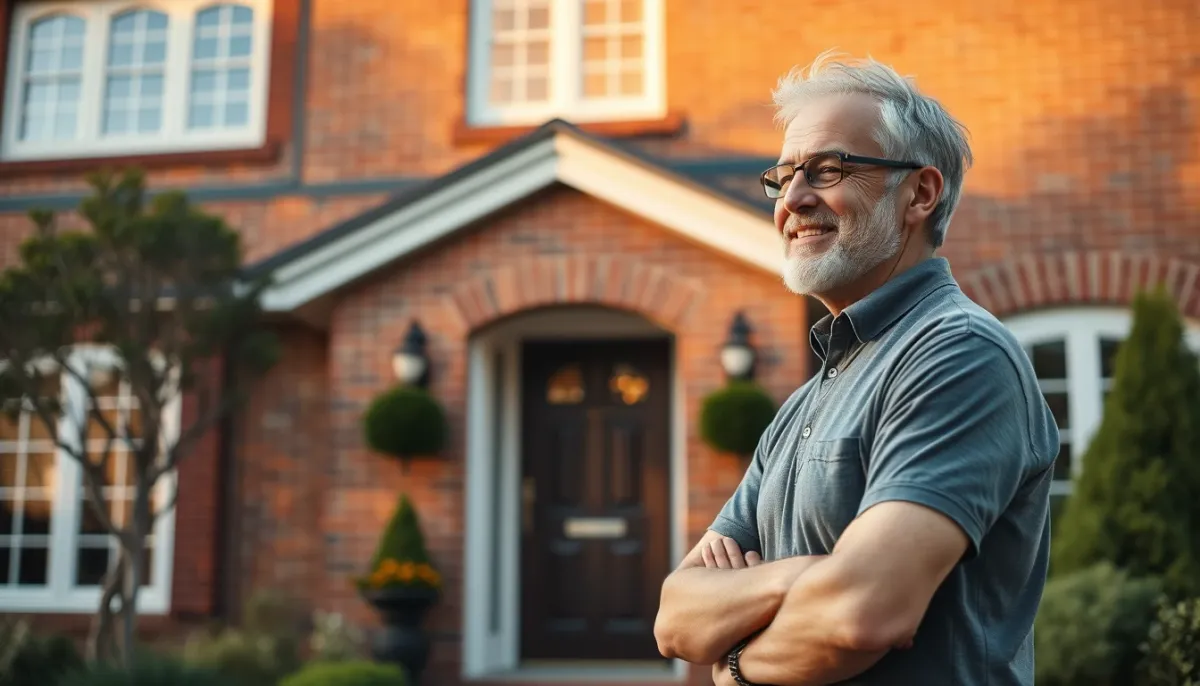 Propriétaire devant sa maison en brique récemment imperméabilisée, illustrant la satisfaction et la protection du patrimoine