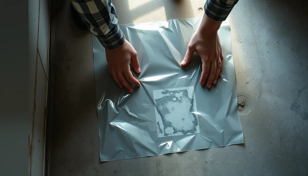 Test du film plastique sur le sol d'une cave pour détecter l'humidité ascensionnelle