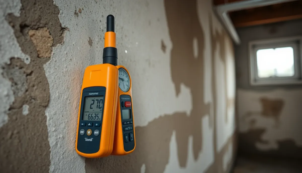 Appareils de mesure de l'humidité (hygromètre et humidimètre) posés contre un mur de cave humide