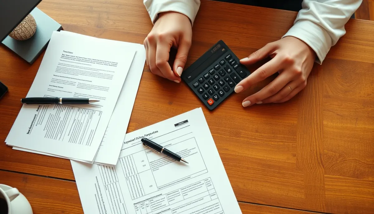 Mains examinant des documents et une calculatrice sur un bureau, symbolisant la préparation d'une demande de primes pour travaux de façade.
