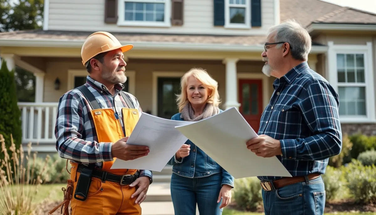 Un entrepreneur et un propriétaire discutent des plans de rénovation devant une maison, illustrant le processus de demande de prime et l'importance de faire appel à un professionnel agréé.