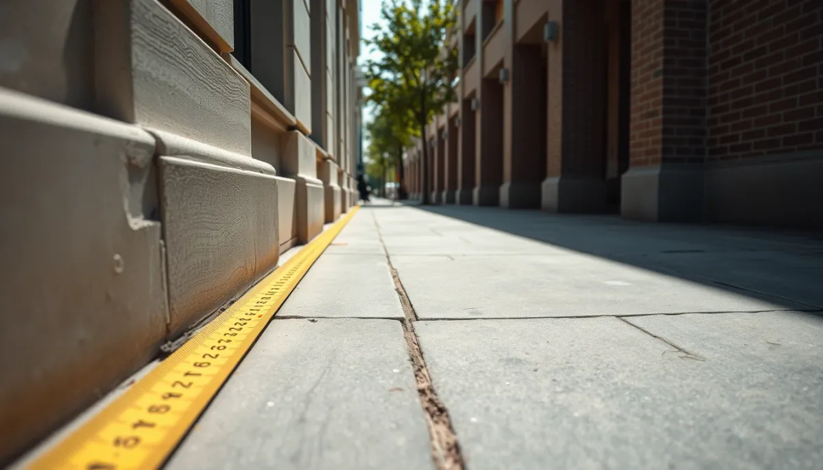 Détail de la limite entre la façade et le trottoir, avec repère de géomètre indiquant la ligne de rue