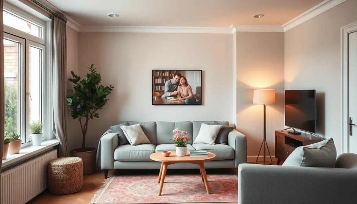 Intérieur confortable d'une maison mitoyenne isolée, avec lumière naturelle et ambiance chaleureuse