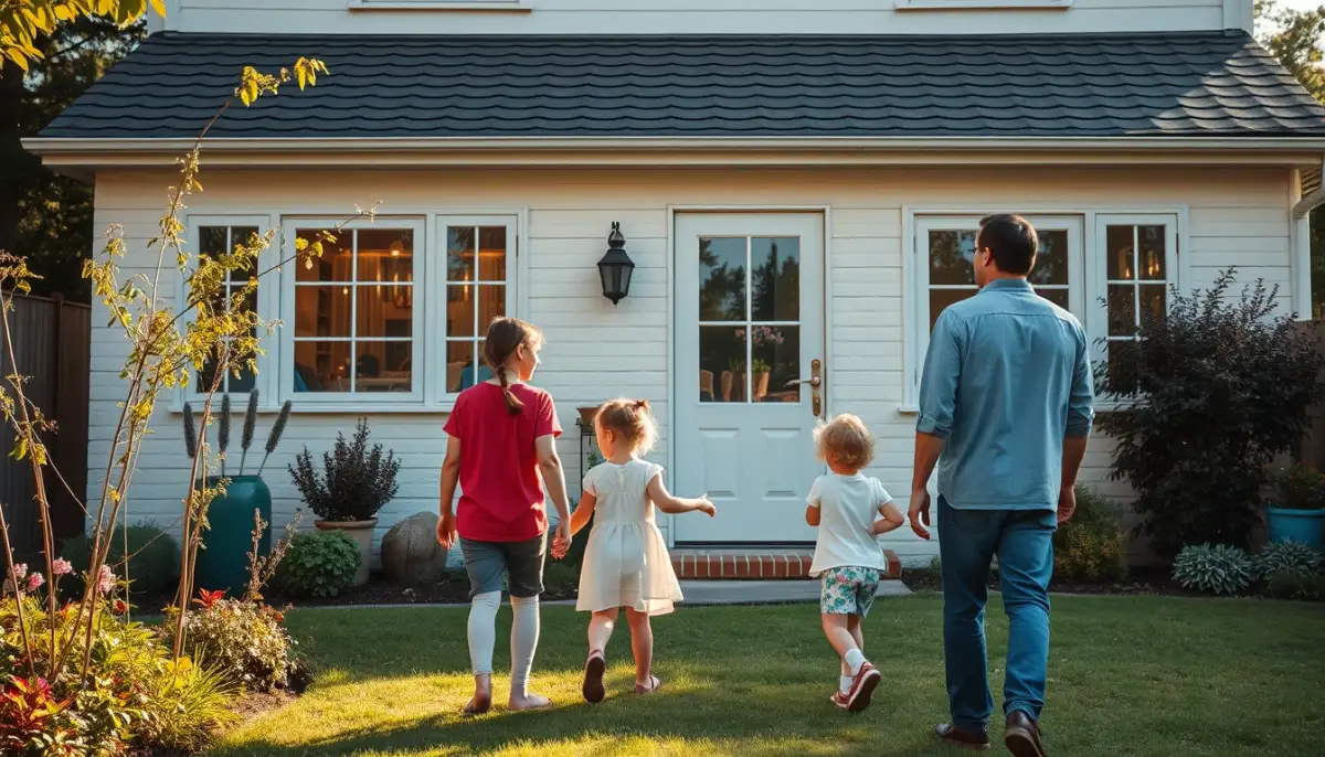 Famille profitant du jardin devant une façade propre