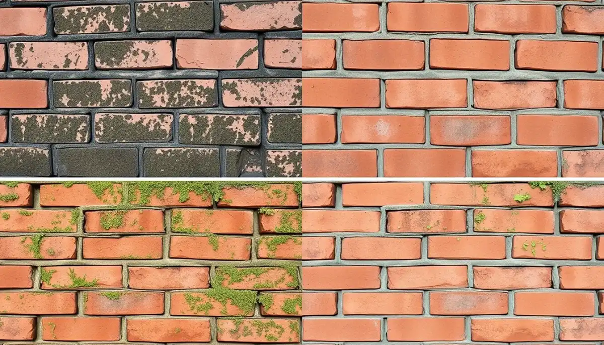 Comparaison avant/après d'un mur en briques nettoyé