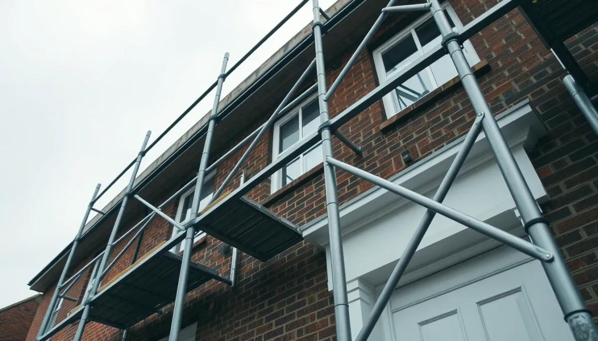 Échafaudage installé le long d'une façade en briques pour des travaux de rejointoiement