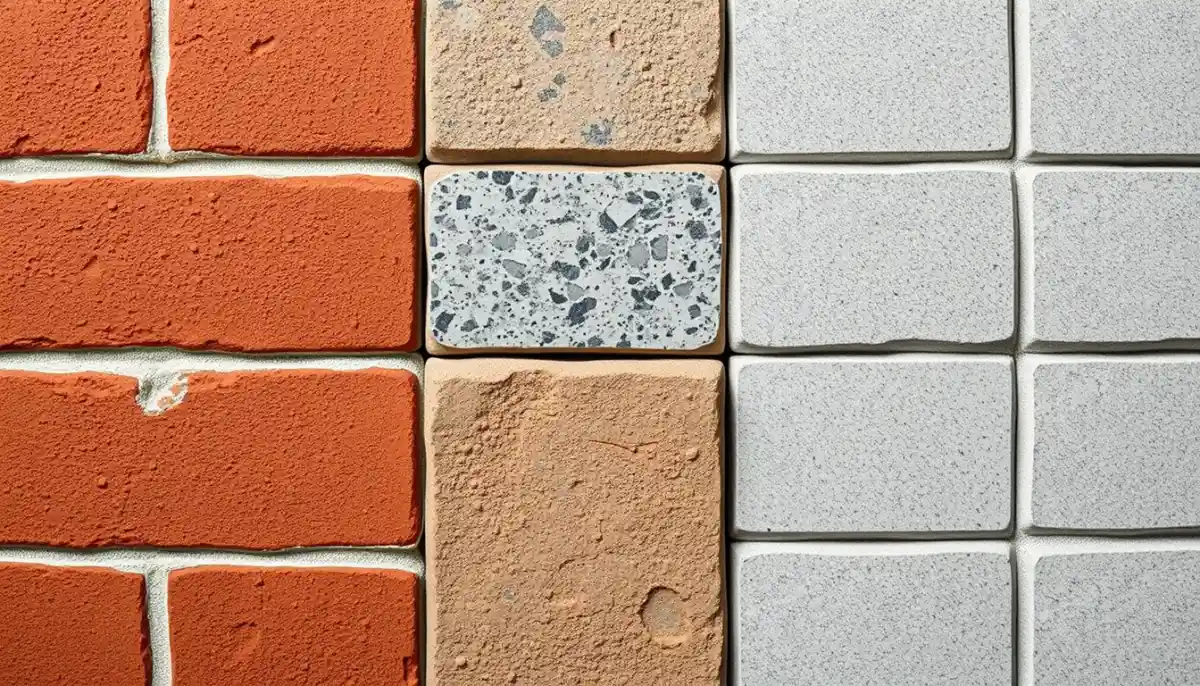 Comparaison de trois types de murs en briques avec joints neufs : brique classique, pierre dure et brique silico-calcaire