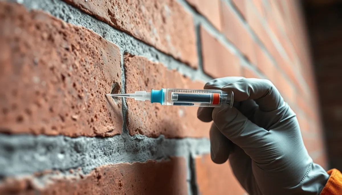Injection de gel hydrofuge dans un mur en briques pour traiter l'humidité ascendante