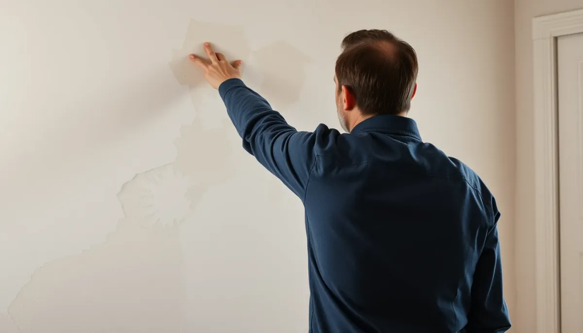 Propriétaire examinant un mur humide pour décider de la technique à utiliser